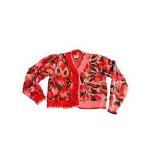 Farm Rio Red Pink Tropical Papaya Floral Knit Scalloped Cardigan Sweater Medium